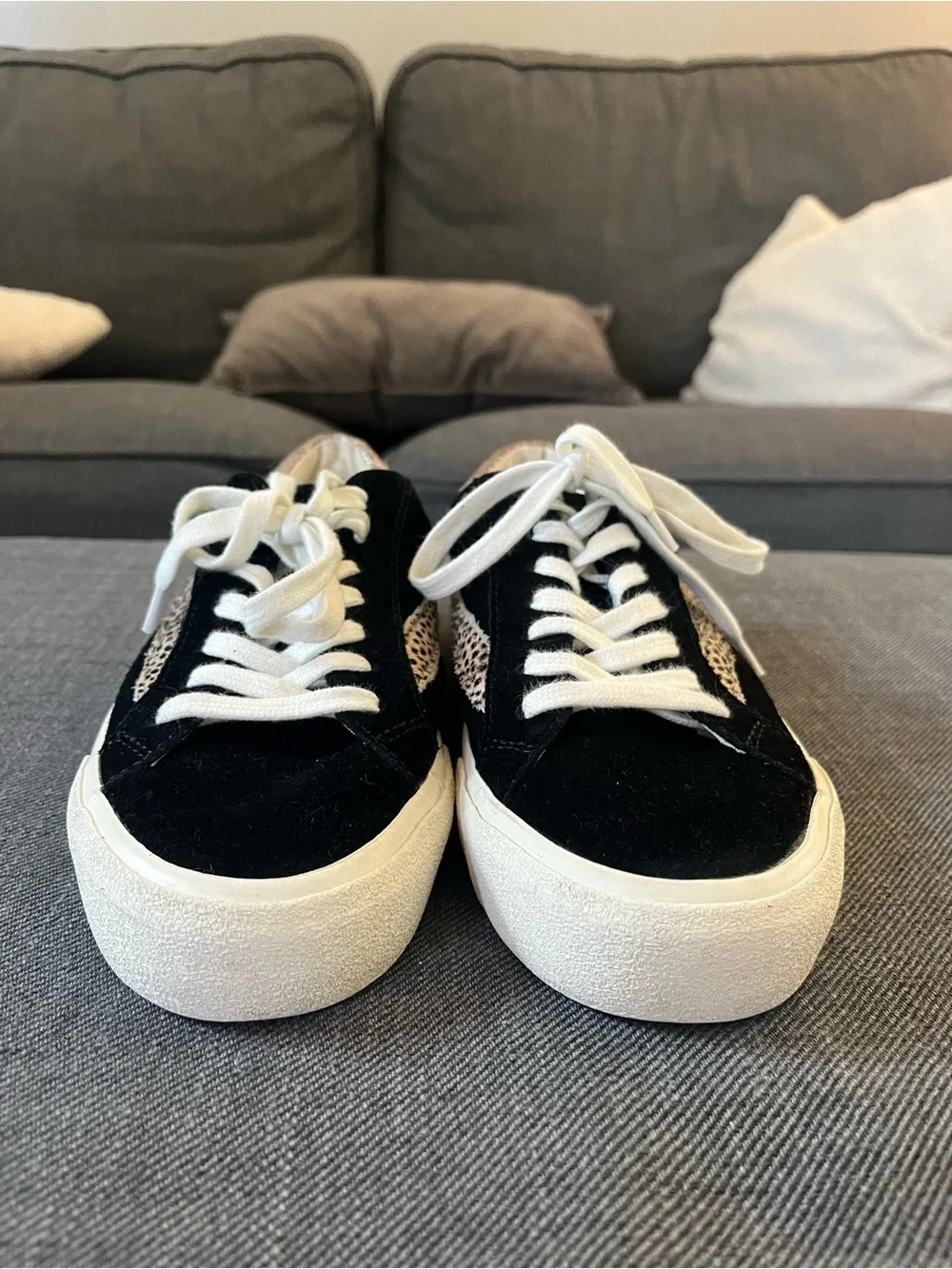 Madewell Sidewalk Low-Top Sneakers in black suede with a cheetah-spot calf hair